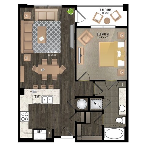 Floor plan for 1 bed, 1 bath, 822 sqft